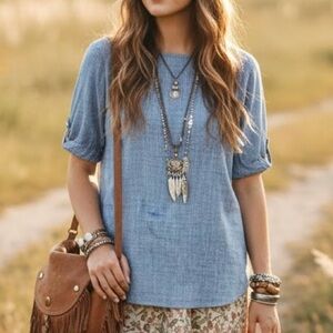 Charlie Paige Blue Textured Blouse Coastal Cowgirl Lagenlook Boho Linen Denim